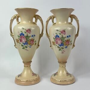 2 Tyndale Porcelain Vases Fine China Double Handle Hand Painted Floral Vintage